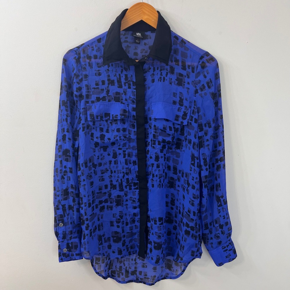 Rock & Republic Blue Black Abstract Geometric Button Down Blouse Size 6 Sheer